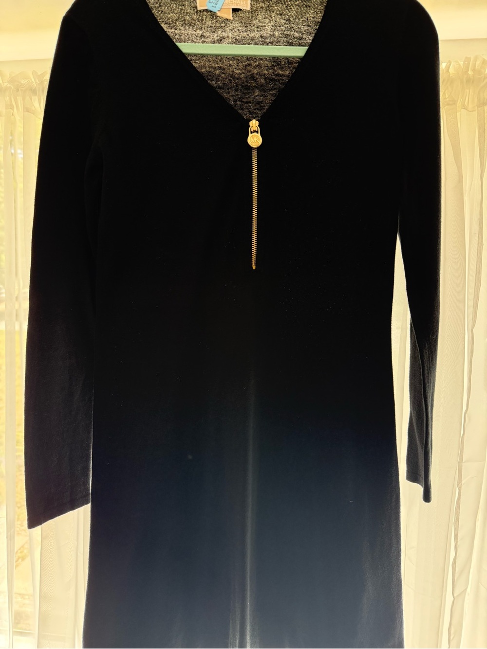 Michael Kors Black Long-Sleeve V-Neck Dress with Gold Zip